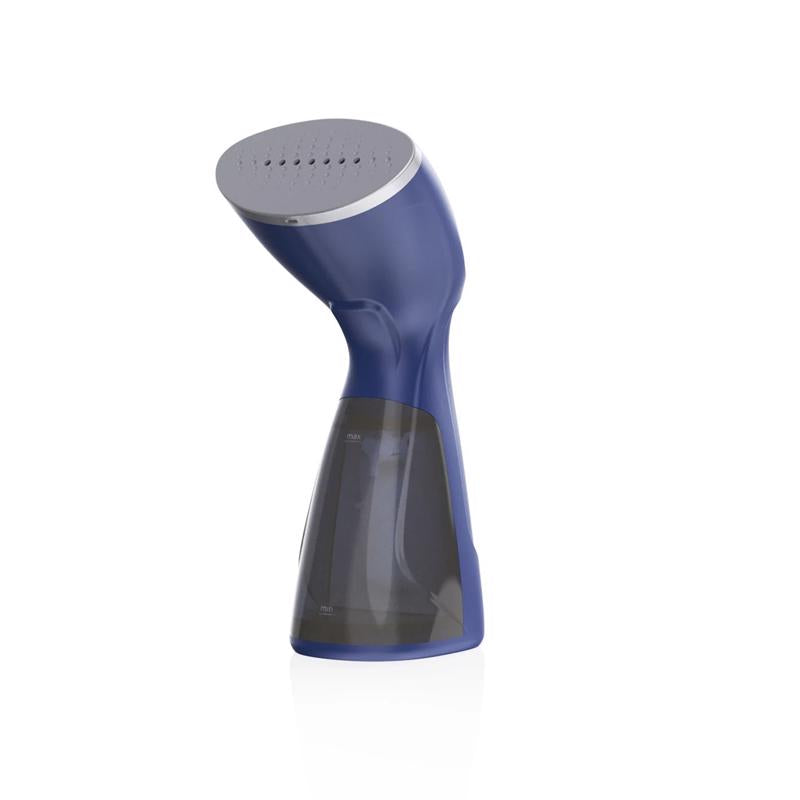 Emery Jensen fabric steamer in blue, handheld garment steamer for removing wrinkles from clothes and fabrics.