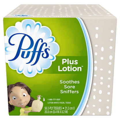 Emery Jensen Puffs PLS Lotion facial tissue box with 56 tissues, soft and soothing for gentle facial care.