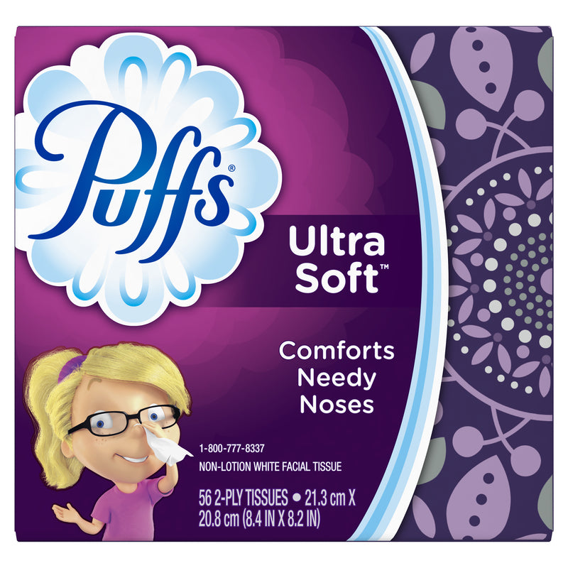 Emery Jensen Puffs Soft & Strong facial tissue box with 56 tissues, soft white tissues for gentle facial use.