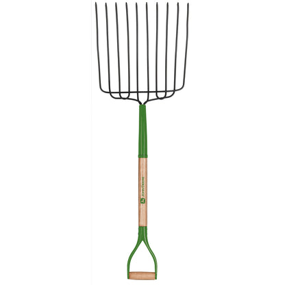 Emery Jensen bedding fork with 10-ton D-handle, farm fork with sturdy metal tines and ergonomic D-shaped handle for farming tasks.