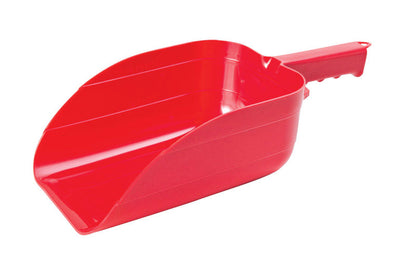 Red poly scoop feed for farm use, Emery Jensen 5-point feed tool with sturdy construction, ideal for handling livestock feed.