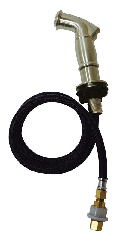 Emery Jensen faucet accessory with spray head and hose in a brushed nickel finish, designed for kitchen or bathroom faucets.