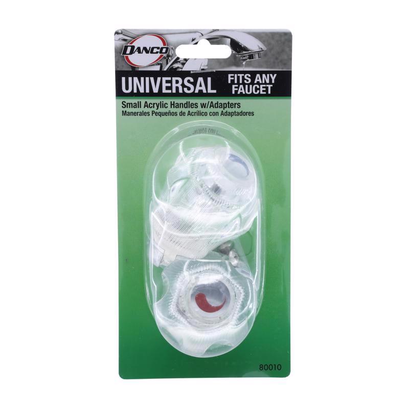 Small acrylic faucet handle by Emery Jensen, universal adapter for easy installation, shown in close-up detail.