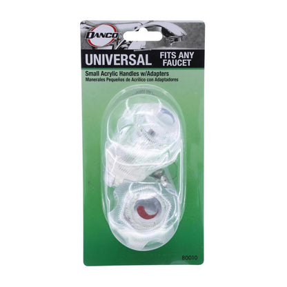 Small acrylic faucet handle by Emery Jensen, universal adapter for easy installation, shown in close-up detail.