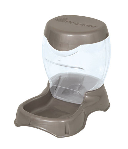 Emery Jensen Gravity Feed Petmate 3lb feeder with a clear plastic container and a metal bowl for pet food storage and dispensing.