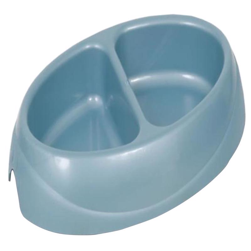 Small Emery Jensen double diner pet bowl with two compartments for food and water, ideal for small pets.