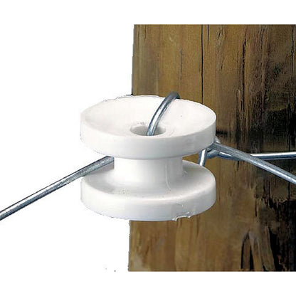 Round corner insulator for fence products, designed by Emery Jensen, used to secure fencing components.