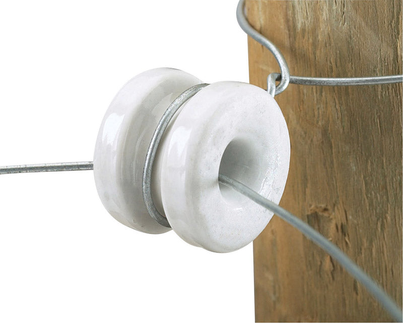 Emery Jensen electric fence insulator for fence products, white plastic component used in electric fencing systems.