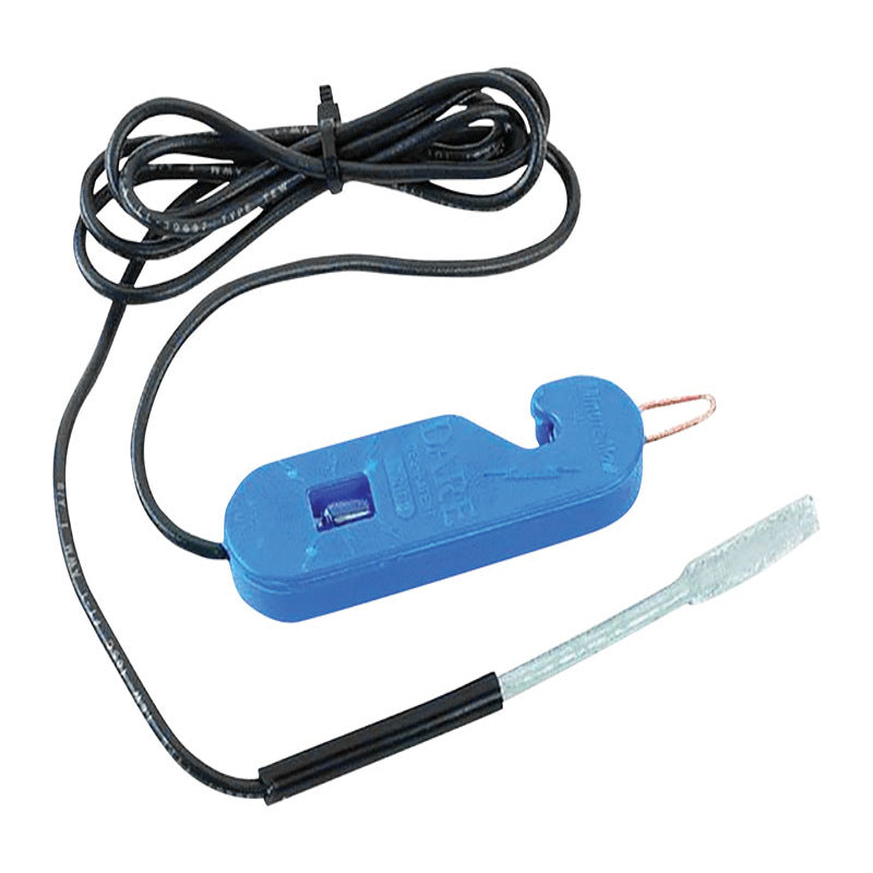 Emery Jensen electric fence tester for fence products, displaying a handheld device with digital readout and test leads.