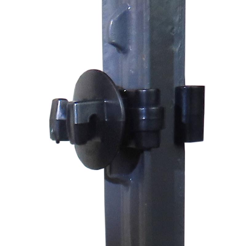 Black INSLATR T-post 1-inch fence post by Emery Jensen, shown in close-up with a black coating and sturdy metal construction.