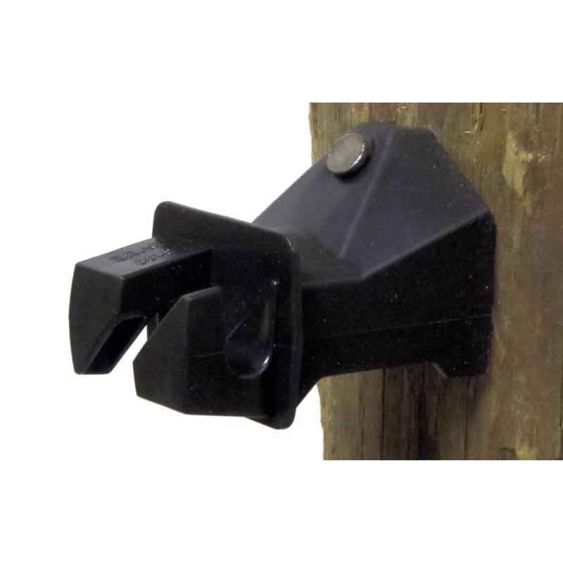 Emery Jensen WD Post insulator for fence products, 2-1/8 inch diameter, shown mounted on a fence post.