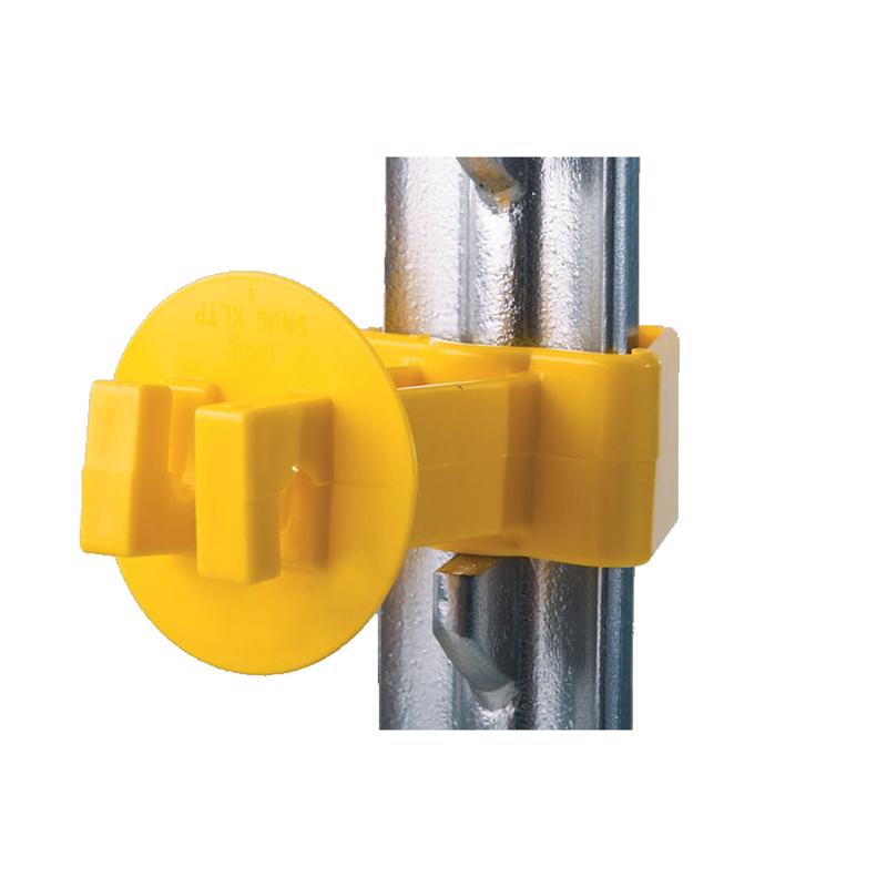 Emery Jensen SNUG T-post insulator for fencing, showing durable plastic construction on a metal T-post in outdoor setting.