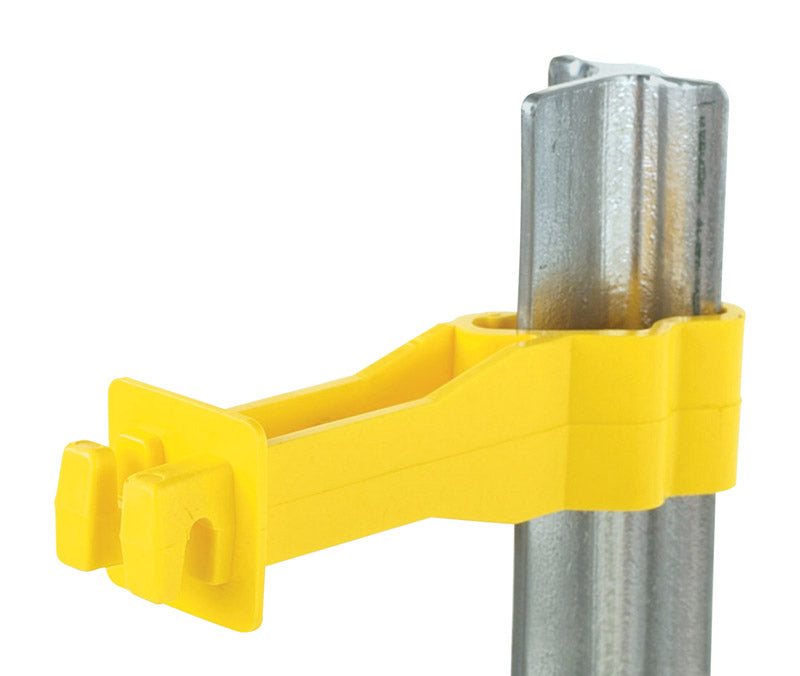Emery Jensen T-post insulators, 25-pack, fence products for securing wire fencing on T-posts in outdoor settings.