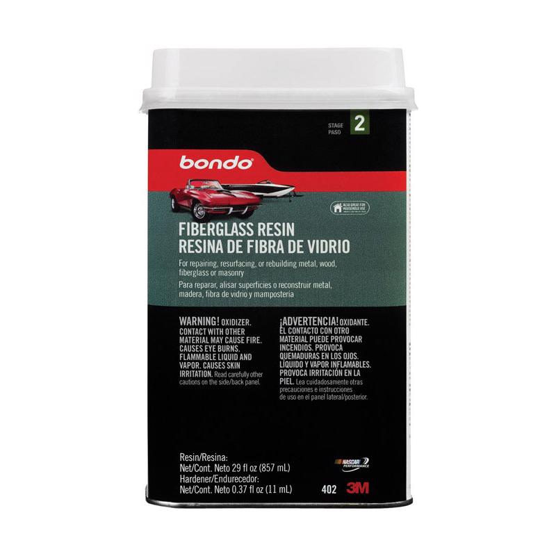 Emery Jensen fiberglass resin QT Bondo container showing clear resin inside for fiberglass repair and reinforcement.