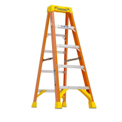 Emery Jensen fiberglass step ladder with sturdy construction and wide steps, designed for safe indoor and outdoor use.