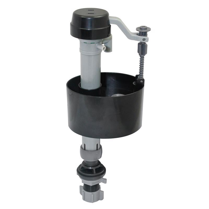 Gray plastic fill valve by Emery Jensen, designed for plumbing fixtures, shown in close-up view.