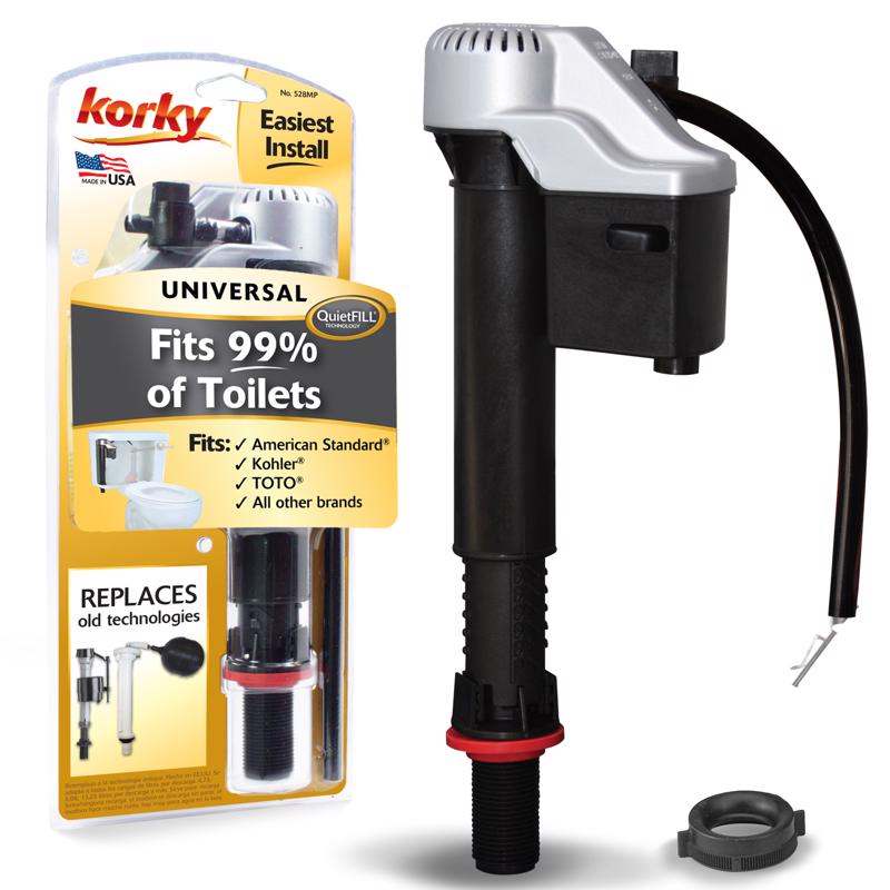 Emery Jensen Korky High Efficiency Fill Valve for toilets, shown installed in a bathroom toilet tank.