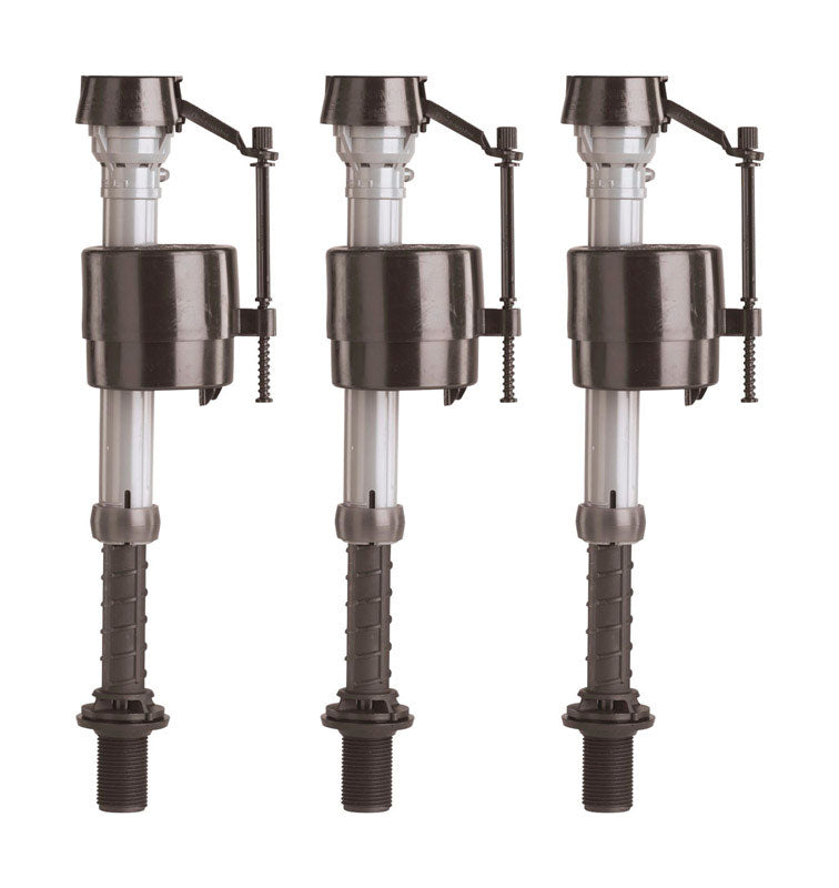 Emery Jensen toilet fill valves model 400A, 3-pack, showing white plastic components and inlet connections for flushing systems.
