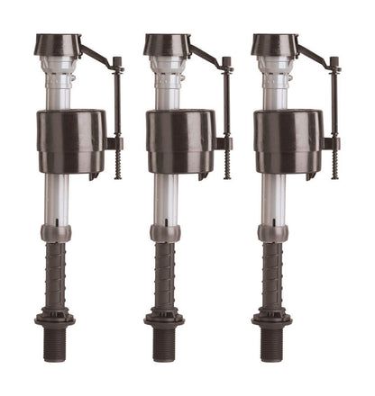 Emery Jensen toilet fill valves model 400A, 3-pack, showing white plastic components and inlet connections for flushing systems.