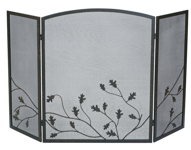Emery Jensen fireplace screen 32x50 inches with black metal frame and mesh design to protect from sparks and debris.