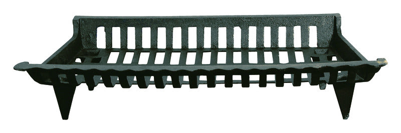 Cast iron Emery Jensen 30-inch fireplace grate with sturdy bars for supporting logs in a traditional fireplace.