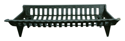 Cast iron Emery Jensen 30-inch fireplace grate with sturdy bars for supporting logs in a traditional fireplace.
