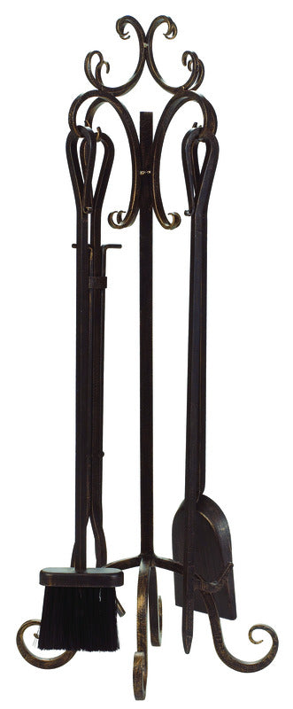 Emery Jensen fireplace tool set with poker, tongs, brush, and shovel on a 32x9-inch stand for wood burning fireplaces.