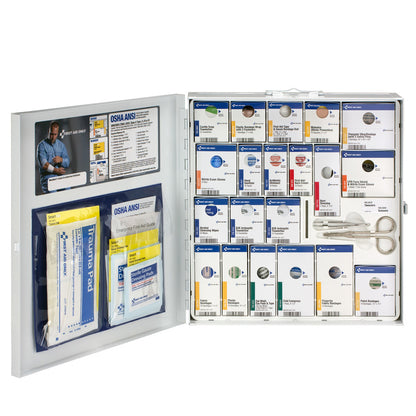Emery Jensen 50 Person First Aid Kit in a large case with medical supplies for emergency first aid situations.