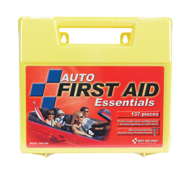 Emery Jensen 137-piece auto first aid kit with bandages, antiseptic wipes, and medical supplies in a compact container.