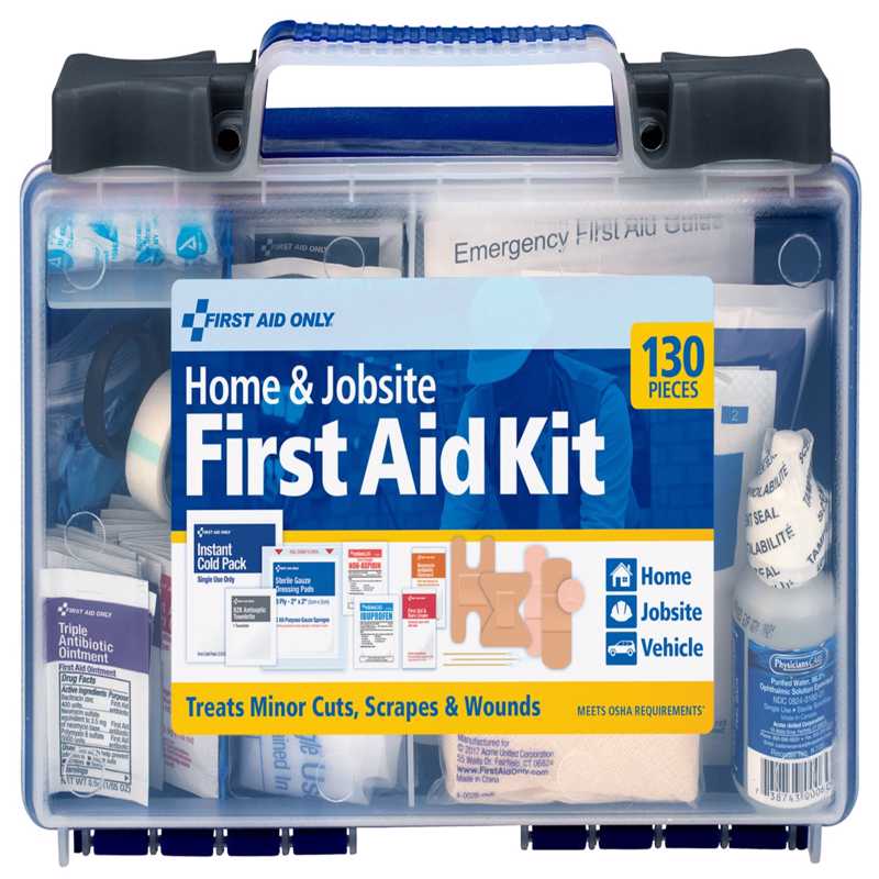 Emery Jensen first aid kit with 130 pieces, including bandages, antiseptic wipes, scissors, and medical supplies in a portable case.
