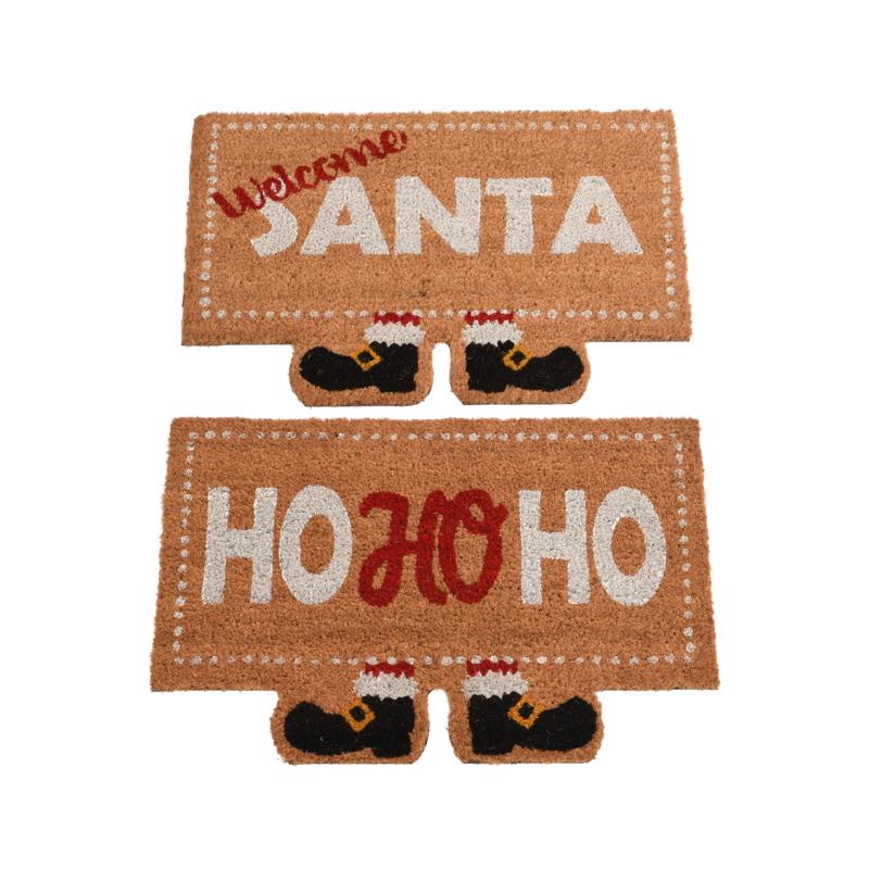 Set of eight Emery Jensen Christmas coir doormats featuring festive holiday greeting designs for welcoming guests.