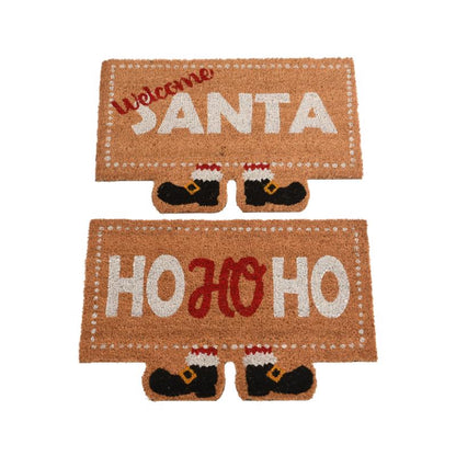 Set of eight Emery Jensen Christmas coir doormats featuring festive holiday greeting designs for welcoming guests.