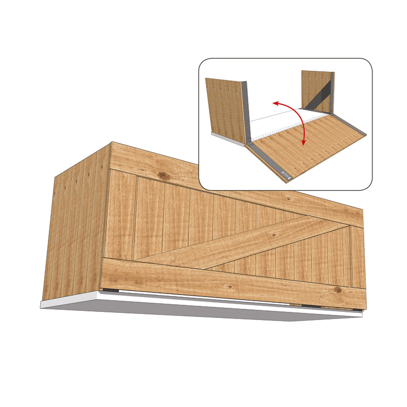 Emery Jensen hinged barn box fixuring with metal latch and wooden panels, used for secure storage or barn construction.
