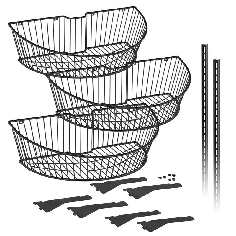 Black 3-tier end cap fixture from Emery Jensen, designed for secure storage and organization in industrial or retail settings.