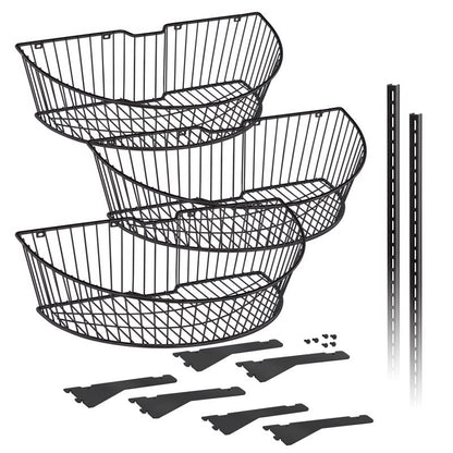 Black 3-tier end cap fixture from Emery Jensen, designed for secure storage and organization in industrial or retail settings.