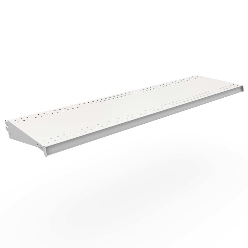 Emery Jensen white DL style shelf fixture, 48x13 inches, mounted on a wall for storage and display purposes