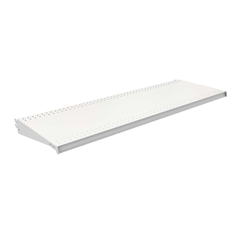 Emery Jensen white shelving fixture, DL Style 48x16 inch, mounted on wall, showcasing clean, modern storage solution.