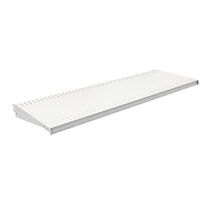 Emery Jensen white shelving fixture, DL Style 48x16 inch, mounted on wall, showcasing clean, modern storage solution.