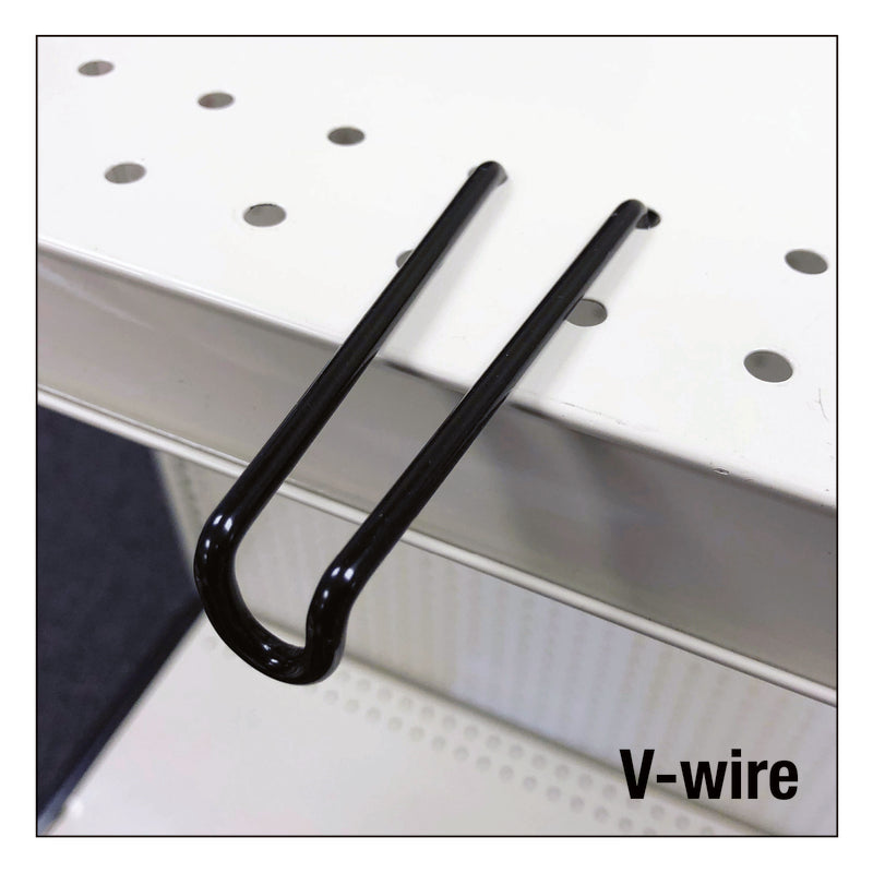 Black metal V-wire hook fixing by Emery Jensen, designed for secure attachment and versatile fixture mounting.