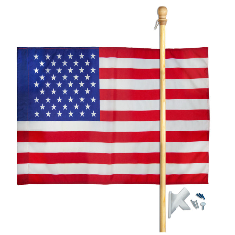 Emery Jensen US flag set with nylon material, 2.5x4 feet size, suitable for outdoor display or patriotic decoration.
