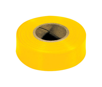 Yellow flagging tape by Emery Jensen, 300 feet long, used for marking and safety in construction or outdoor projects.