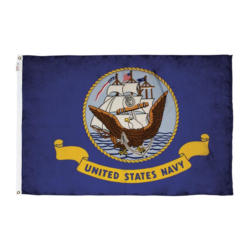 Navy blue military flag with "U.S. Navy" text, 3x5 feet, by Emery Jensen, featuring stars and stripes design.