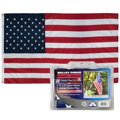 Nylon US flag measuring 3x5 feet, displayed with vibrant colors and detailed stitching, by Emery Jensen.