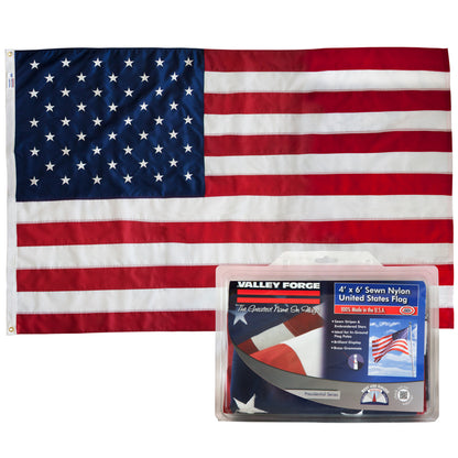 Emery Jensen nylon US flag, 4x6 feet, with red, white, and blue stripes and stars, suitable for outdoor display.