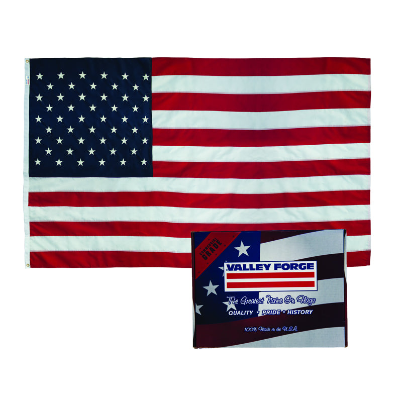 U.S. flag made of nylon, 5x8 feet, displayed on a flagpole, with vibrant colors and detailed stitching by Emery Jensen.