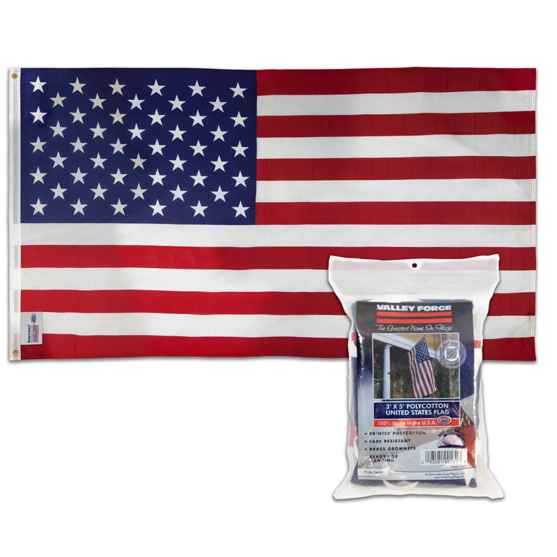 USA flag 3x5 feet Emery Jensen polycotton flag displayed flat with vibrant colors and sewn edges.