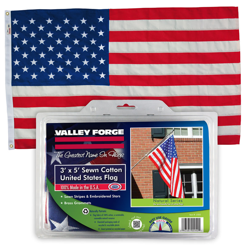 American flag made of cotton, 36x60 inches, by Emery Jensen, displayed outdoors with stars and stripes visible.