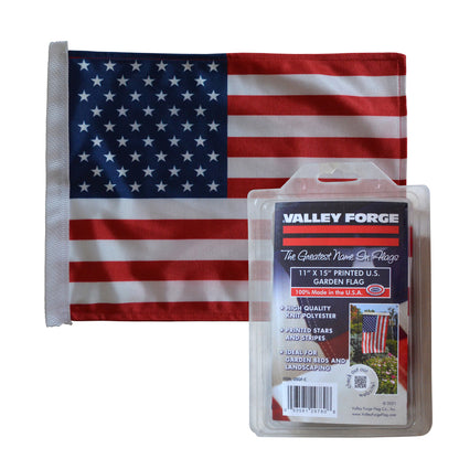 Emery Jensen US flag made of durable polyester, 11x15 inches, suitable for outdoor display, featuring stars and stripes design.