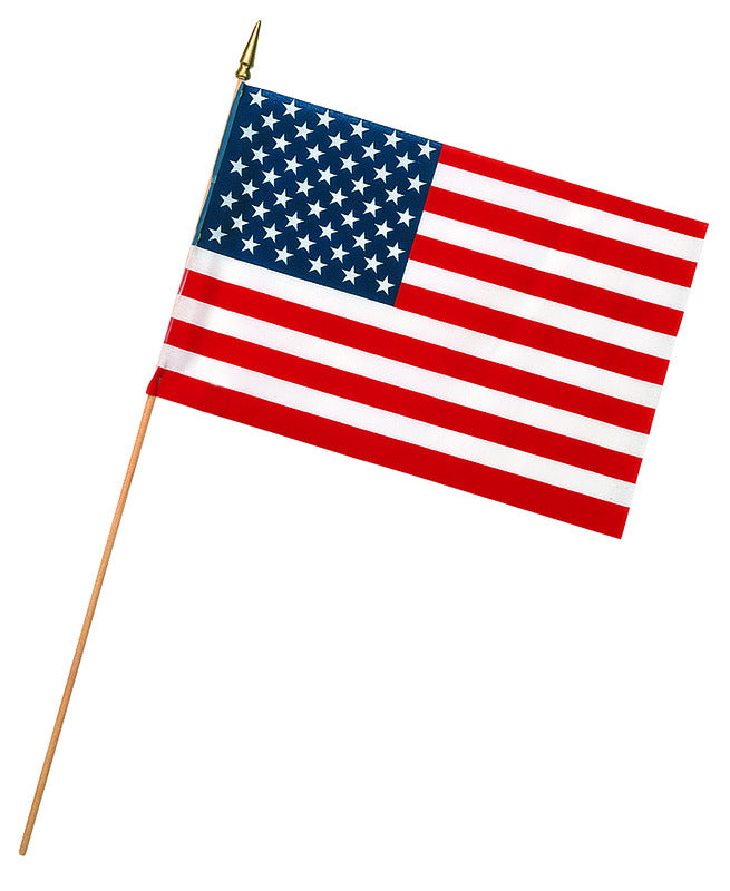 Set of 48 12x18 inch Emery Jensen stick flags with colorful designs, ideal for events and decorations.