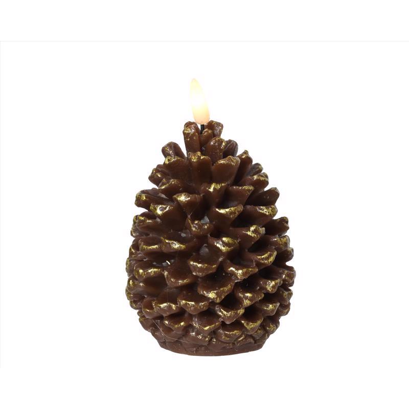 Emery Jensen CMAS flameless candle in a brown cone shape, showcasing a realistic flickering LED light for safe, cozy ambiance.